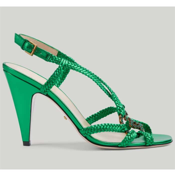 Gucci Women Crystal Interlocking G Sandal Green Metallic Braided Leather High Heel