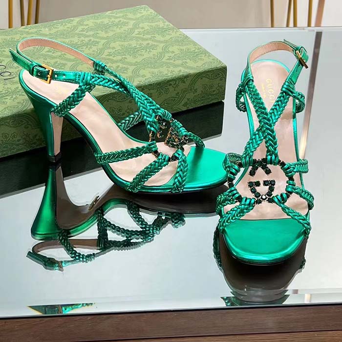 Gucci Women Crystal Interlocking G Sandal Green Metallic Braided Letaher High Heel (9)