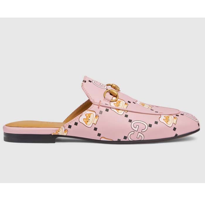 Gucci Women GG Animal Princetown Slipper Light Pink Leather Horsebit Flat