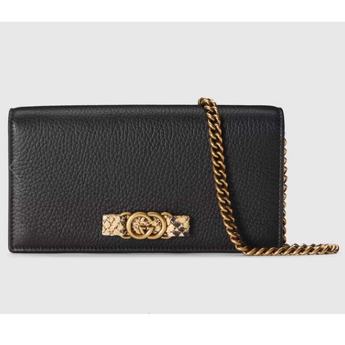 Gucci Women GG Chain Wallet Interlocking G Python Bow Black Leather