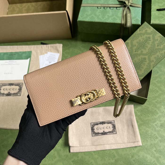 Gucci Women GG Chain Wallet Interlocking G Python Bow Rose Beige Leather (9)