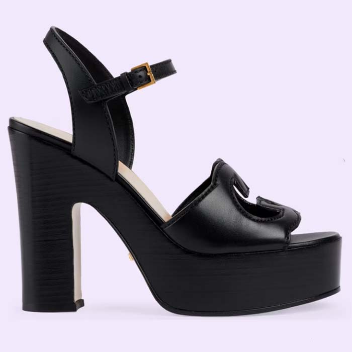 Gucci Women GG Interlocking G Sandal Black Leather Wooden High 12 CM Heel