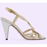 Gucci Women GG Nojum High Heel Sandal Metallic Platinum Silver Braided Leather 9 CM (7)