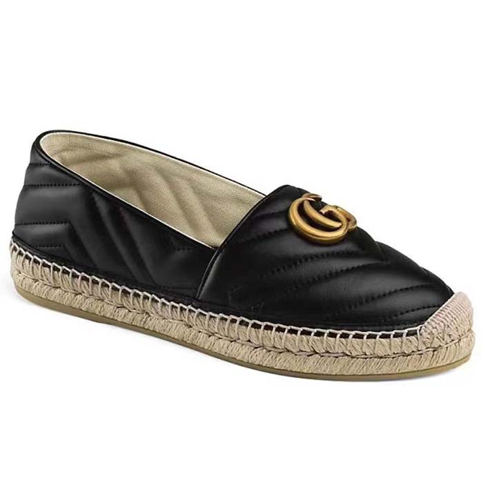Gucci Women GG Shoes Espadrilles Leather Loafer Low Heel-Black
