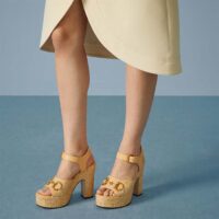 Gucci Women Horsebit Platform Sandal Natural GG Raffia High 12 CM Heel (1)