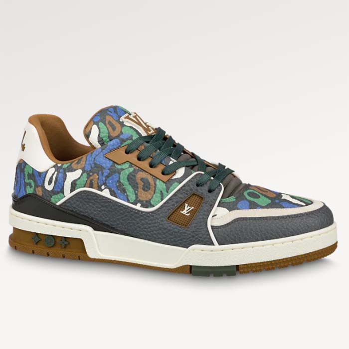 Louis Vuitton Unisex LV x YK LV Trainer Sneaker Khaki Green Camouflage-Printed Canvas Grained Calf