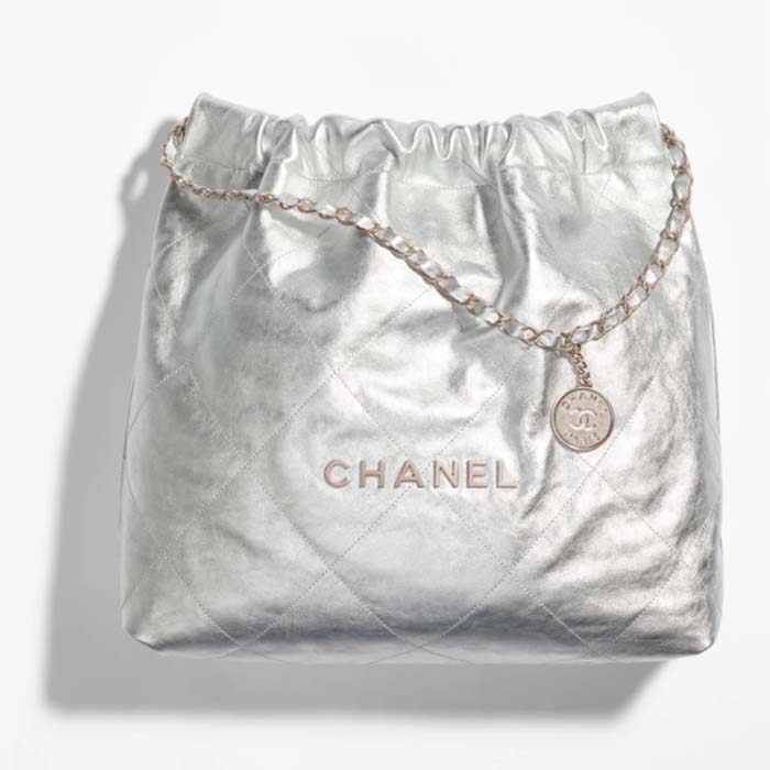 Chanel Women CC 22 Handbag Metallic Calfskin Silver-Tone Metal Silver