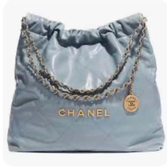 Chanel Women CC 22 Handbag Shiny Calfskin Gold-Tone Metal Blue Leather