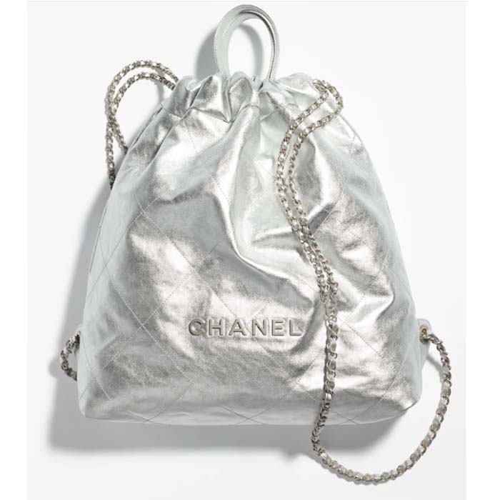 Chanel Women CC Large Back Pack Chanel 22 Handbag Metallic Calfskin Silver-Tone Metal