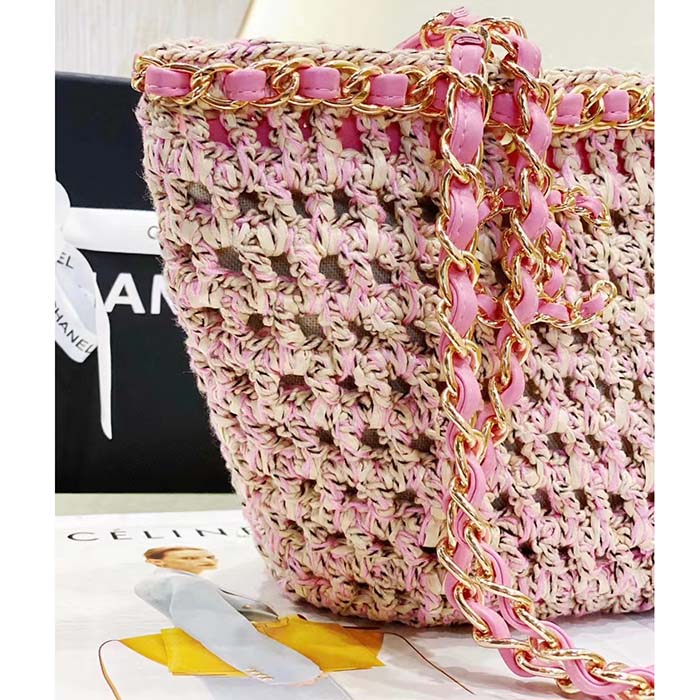 Chanel Women CC Small Shopping Bag Crochet Mixed Fibers Calfskin Beige Pink (10)