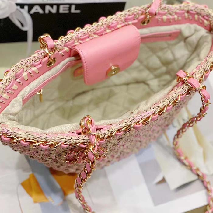 Chanel Women CC Small Shopping Bag Crochet Mixed Fibers Calfskin Beige Pink (11)