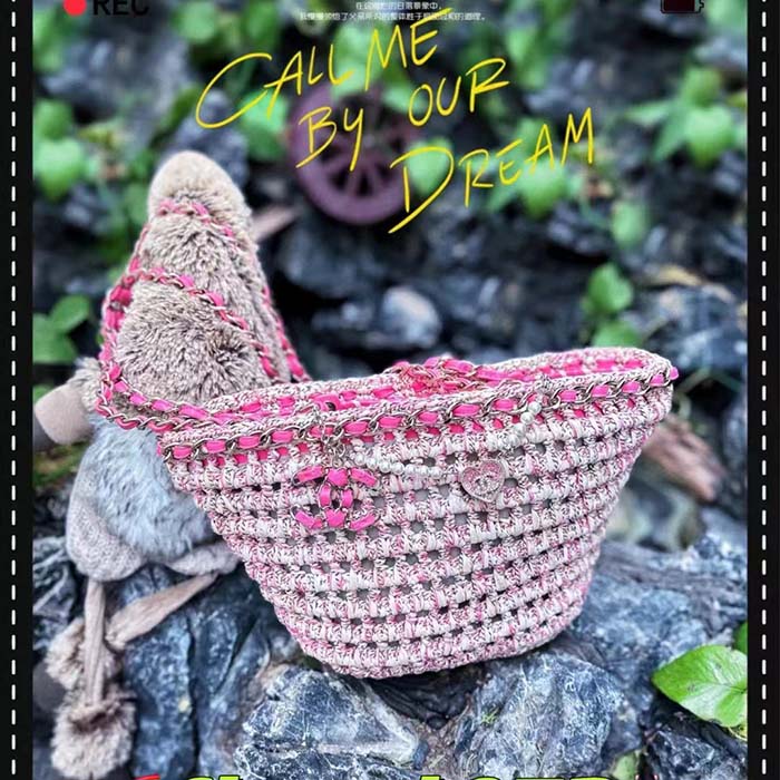Chanel Women CC Small Shopping Bag Crochet Mixed Fibers Calfskin Beige Pink (13)