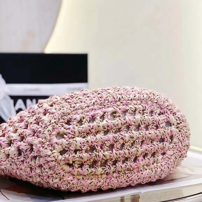Chanel Women CC Small Shopping Bag Crochet Mixed Fibers Calfskin Beige Pink (14)