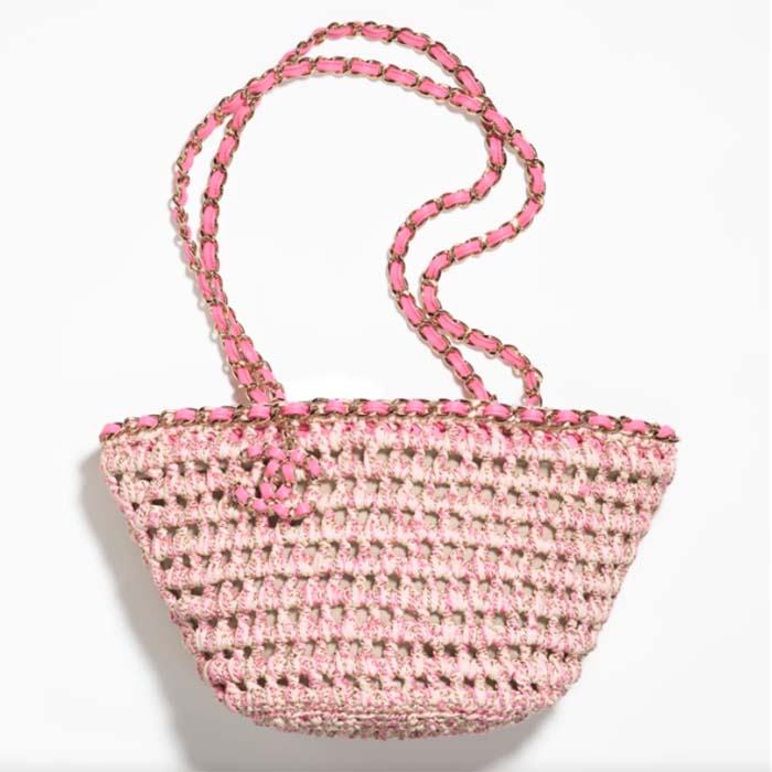 Chanel Women CC Small Shopping Bag Crochet Mixed Fibers Calfskin Beige Pink