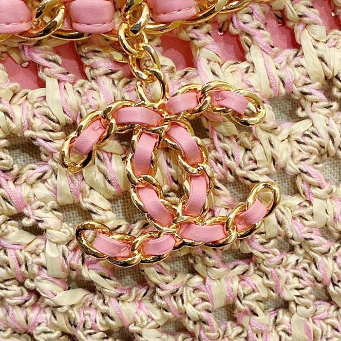 Chanel Women CC Small Shopping Bag Crochet Mixed Fibers Calfskin Beige Pink (3)