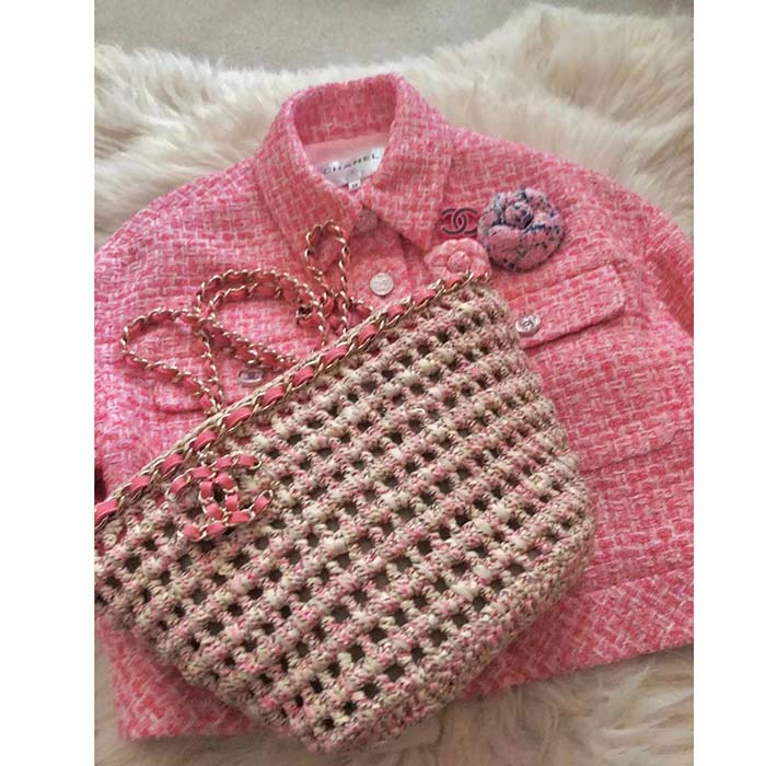 Chanel Women CC Small Shopping Bag Crochet Mixed Fibers Calfskin Beige Pink (4)