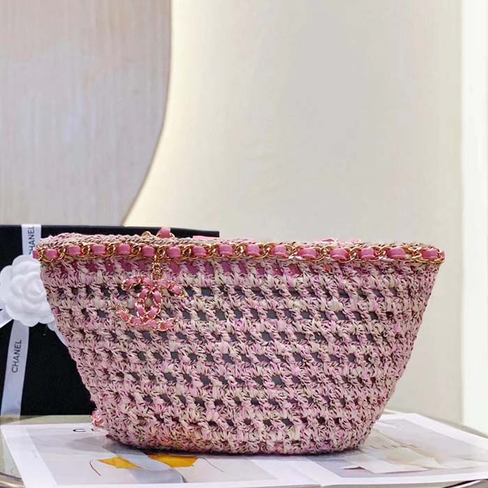 Chanel Women CC Small Shopping Bag Crochet Mixed Fibers Calfskin Beige Pink (5)