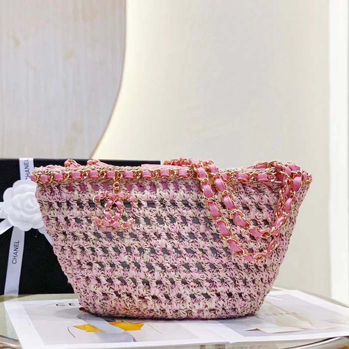 Chanel Women CC Small Shopping Bag Crochet Mixed Fibers Calfskin Beige Pink (6)