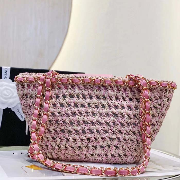 Chanel Women CC Small Shopping Bag Crochet Mixed Fibers Calfskin Beige Pink (7)