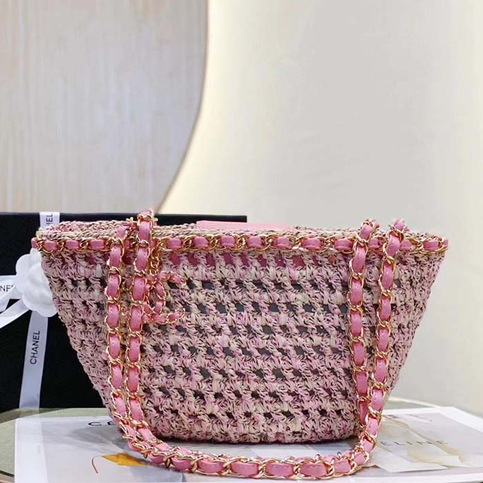 Chanel Women CC Small Shopping Bag Crochet Mixed Fibers Calfskin Beige Pink (8)