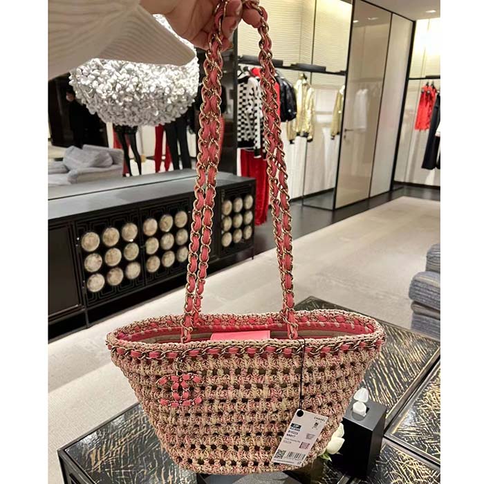 Chanel Women CC Small Shopping Bag Crochet Mixed Fibers Calfskin Beige Pink (9)
