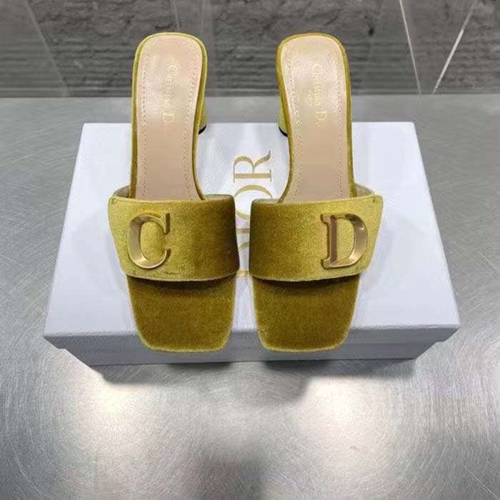 Dior Women CD C’est Dior Heeled Slide Lime Yellow Velvet 5 CM Heel (3)
