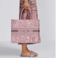 Dior Women CD Large Book Tote Pink Gray Toile De Jouy Sauvage Embroidery (3)