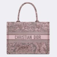 Dior Women CD Medium Book Tote Pink Gray Toile De Jouy Sauvage Embroidery (2)