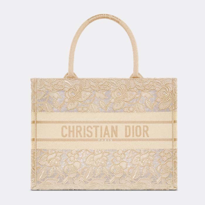 Dior Women CD Medium Dior Or Book Tote Gold-Tone D-Lace Embroidery Macramé Effect