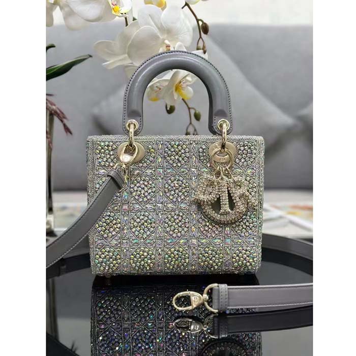 Dior Women CD Small Lady Dior Bag Gray Smooth Calfskin Satin Bead Embroidery (1)