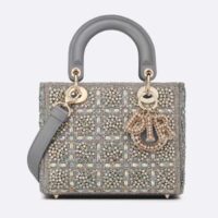 Dior Women CD Small Lady Dior Bag Gray Smooth Calfskin Satin Bead Embroidery (7)