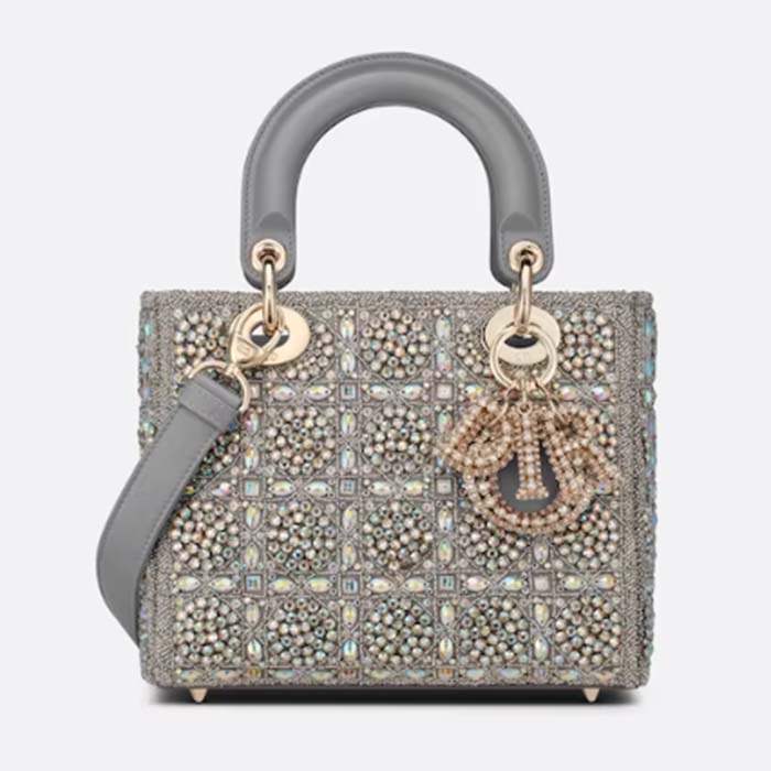 Dior Women CD Small Lady Dior Bag Gray Smooth Calfskin Satin Bead Embroidery
