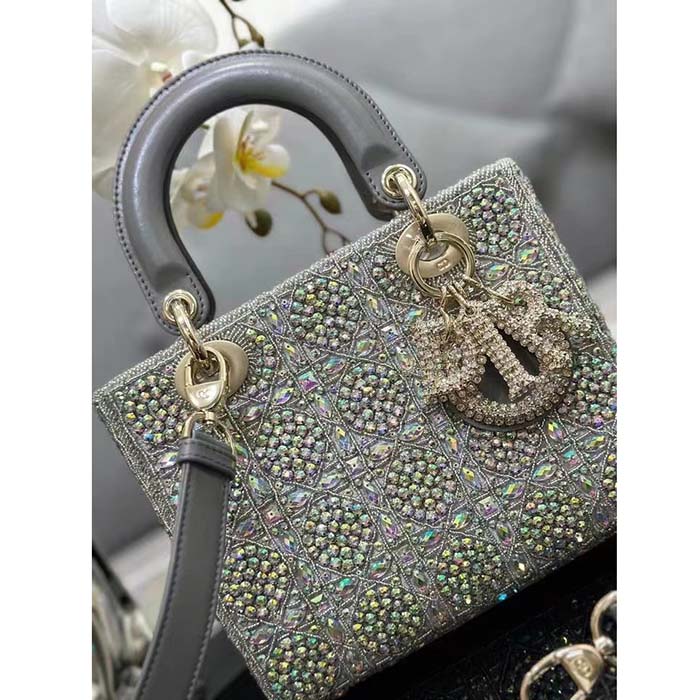Dior Women CD Small Lady Dior Bag Gray Smooth Calfskin Satin Bead Embroidery (8)
