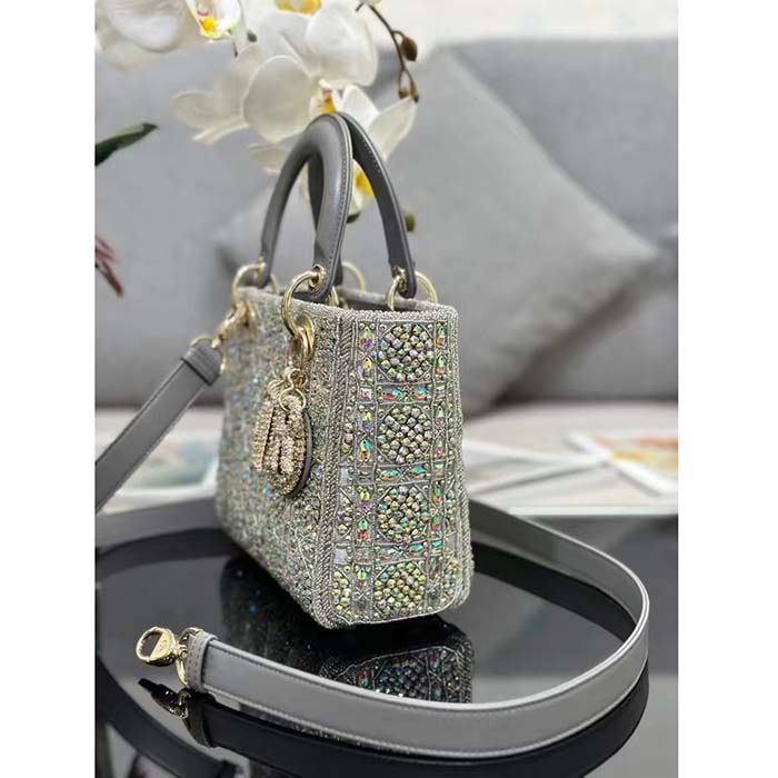 Dior Women CD Small Lady Dior Bag Gray Smooth Calfskin Satin Bead Embroidery (9)
