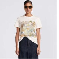 Dior Women CD T-Shirt White Cotton Linen Jersey Multicolor Étoile De Voyage Motif (5)