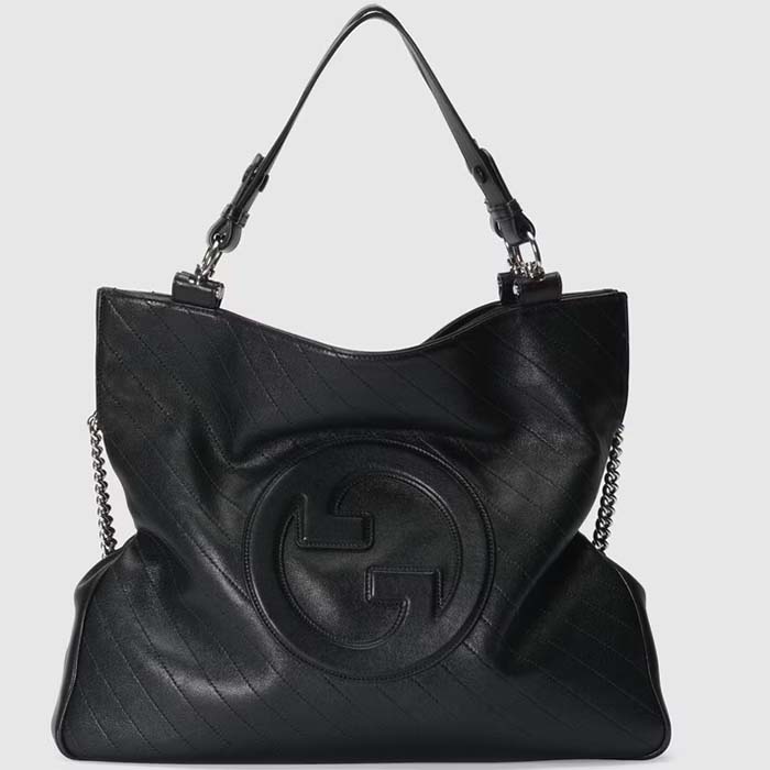Gucci Unisex Blondie Medium Tote Bag Black Leather Round Interlocking G