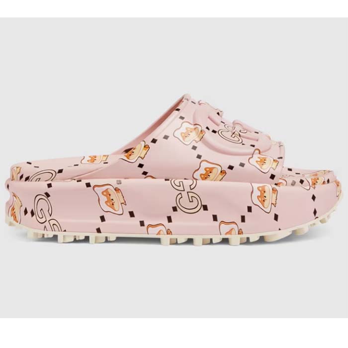 Gucci Unisex GG Animal Print Rubber Slide Sandal Pink Embossed Interlocking G Low Heel