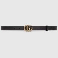 Gucci Unisex GG Leather Belt Pearl Double G Buckle Black 2 CM Width