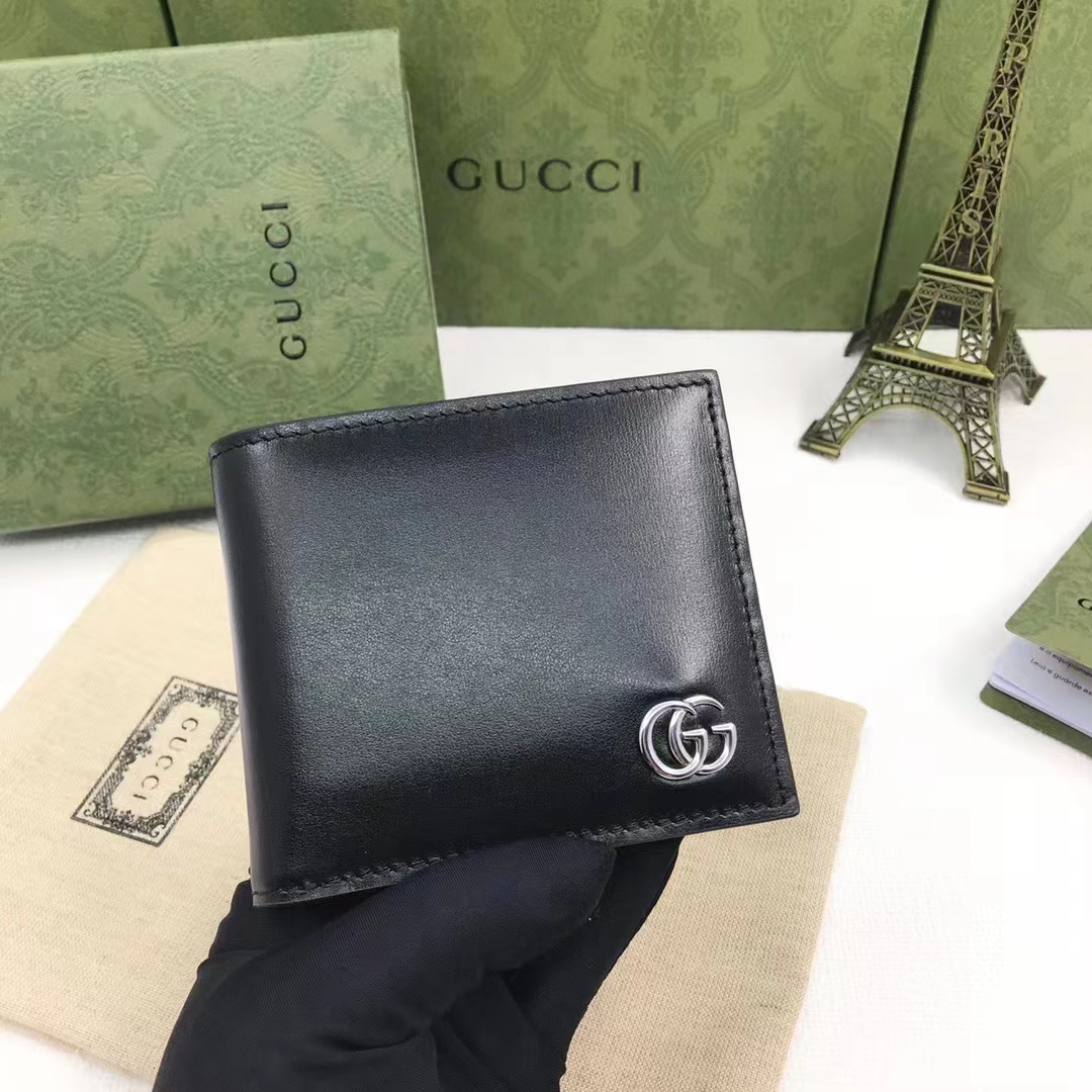 Gucci Unisex GG Marmont Leather Bi-Fold Wallet Black Smooth Leather Double G (2)