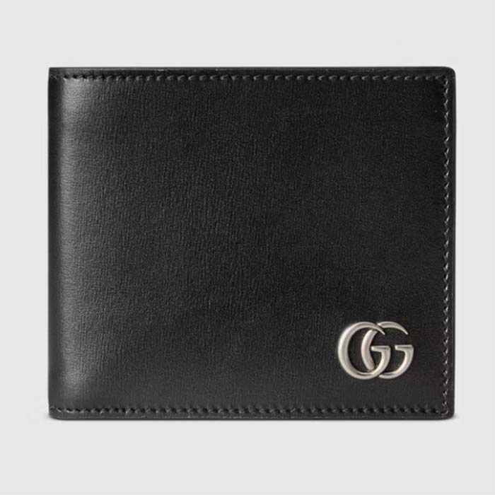 Gucci Unisex GG Marmont Leather Bi-Fold Wallet Black Smooth Leather Double G