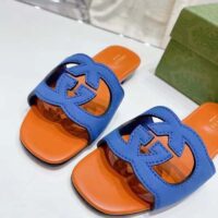 Gucci Unisex Interlocking G Cut-Out Slide Sandal Blue Orange Suede Flat (3)