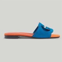 Gucci Unisex Interlocking G Cut-Out Slide Sandal Blue Orange Suede Flat (3)