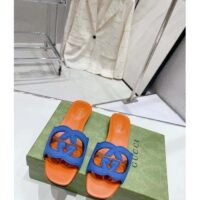 Gucci Unisex Interlocking G Cut-Out Slide Sandal Blue Orange Suede Flat (3)