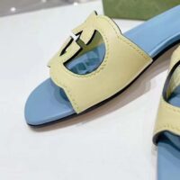 Gucci Unisex Interlocking G Cut-Out Slide Sandal Yellow Light Blue Suede Flat (4)