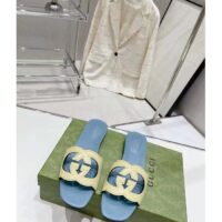 Gucci Unisex Interlocking G Cut-Out Slide Sandal Yellow Light Blue Suede Flat (4)