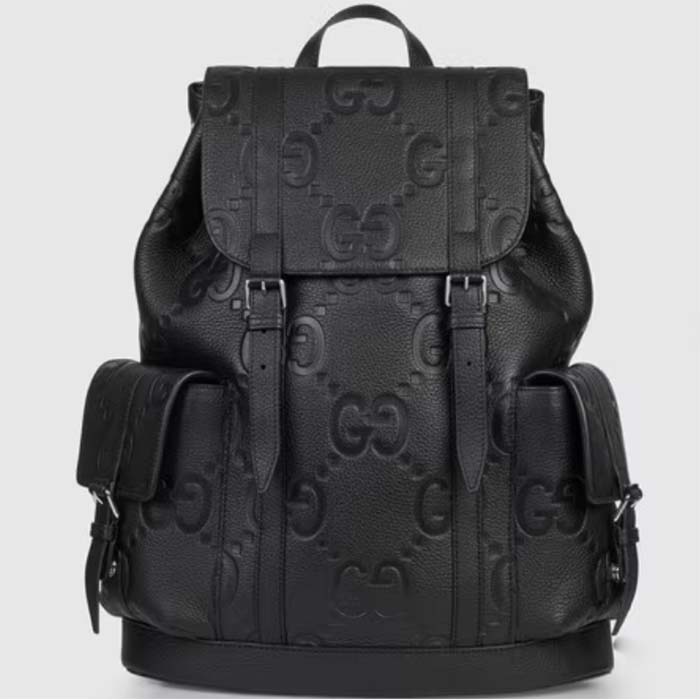 Gucci Unisex Jumbo GG Backpack Black Leather Cotton Linen Top Handle