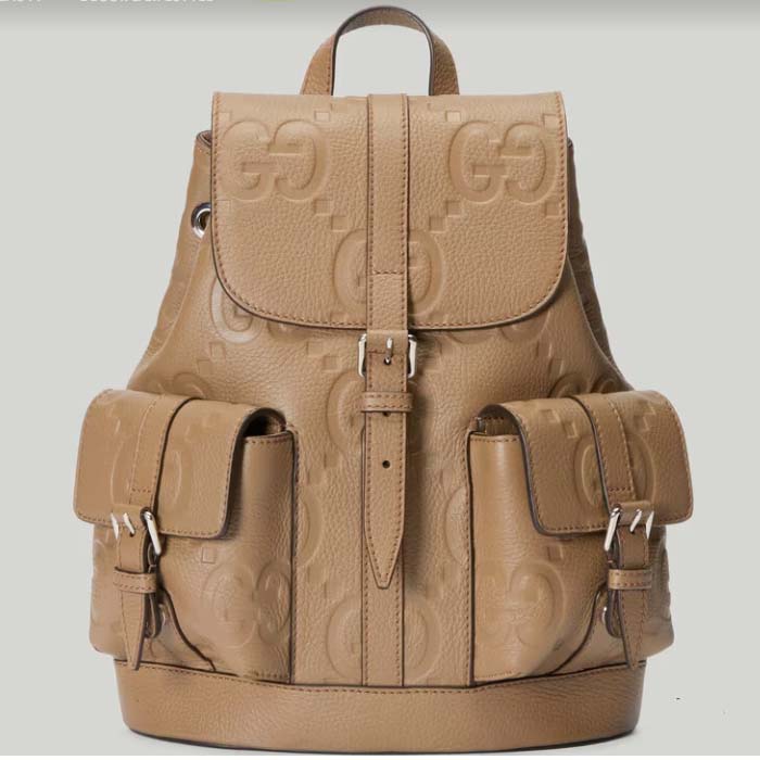 Gucci Unisex Jumbo GG Small Backpack Taupe Leather Cotton Linen Lining