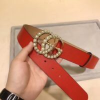 Gucci Unisex Leather Belt Pearl Double G Red 3.8 CM Width (4)