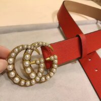 Gucci Unisex Leather Belt Pearl Double G Red 3.8 CM Width (4)