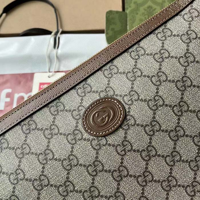 Gucci Unisex Messenger Bag Interlocking G Beige Ebony GG Supreme Canvas Brown Leather (1)